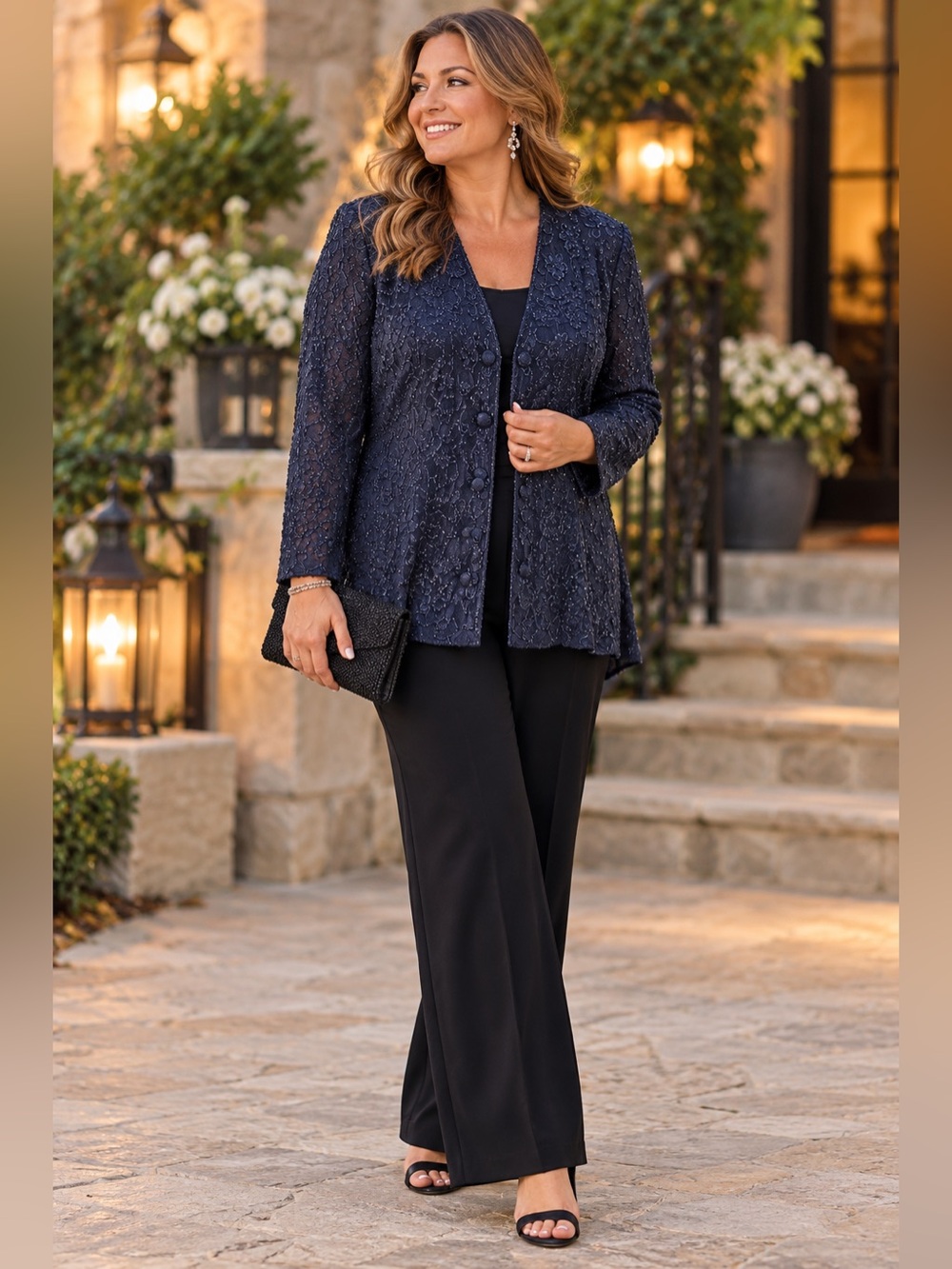 Carmen Marc Valvo Beaded Lace Evening Jacket Navy Size 12 Formal